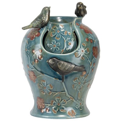 Blue Verdigris Ceramic Bird Indoor Water Fountain with LED Light