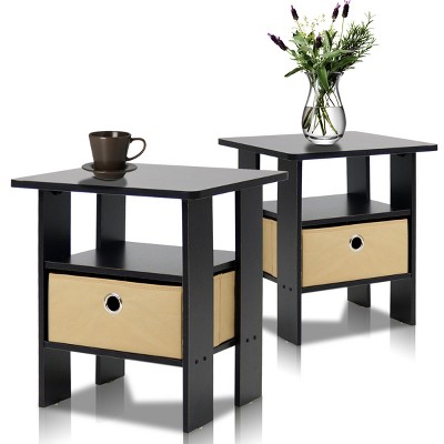 Furinno Andrey End Table Nightstand with Bin Drawer, Espresso/Brown, Set of 2