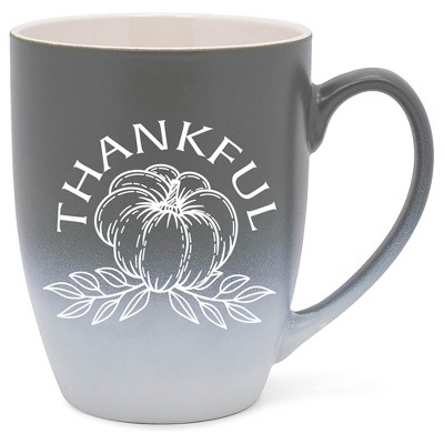 Elanze Designs Thankful Pumpkin Two Toned Ombre Matte Grey and White 12 ounce Ceramic Stoneware Coffee Cup Mug