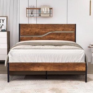 VECELO Metal Platform Bed Frame with Wooden Headboard - 1 of 4