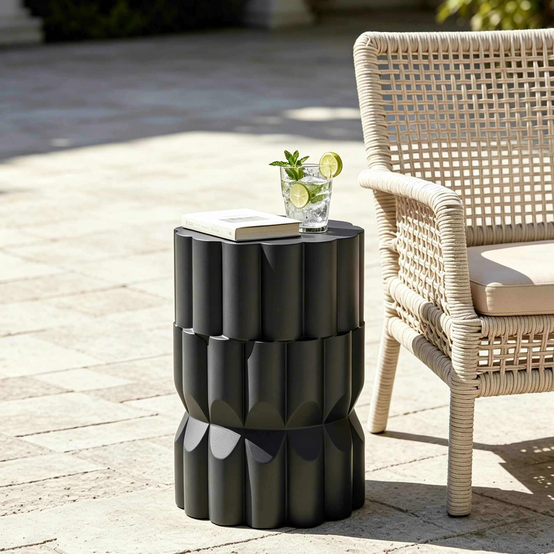 Patio End Table Geometric Indoor&Outdoor Side Table MGO Weather-Resistant Accent Table, No Assembly Needed, Black - ModernLuxe
