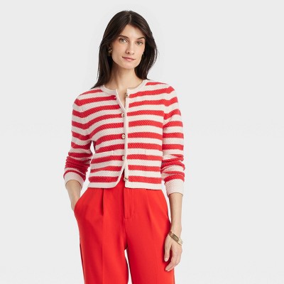 L'AGENCE GALENA on sale WOMENS STRIPED LONG CARDIGAN SWEATER IN RED & WHITE S P 360$