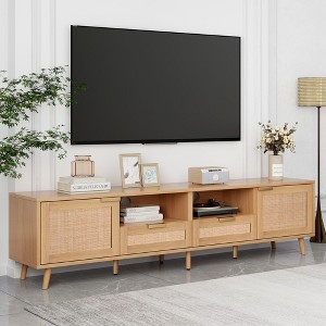 78.7" MDF Rattan Modern Farmhouse TV Stand with Solid Wood Legs and Multi-Functional Storage for Living Room - 1 of 4