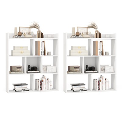 Tangkula 2pcs 7 Cubes Open-back Bookshelf Home Storage Display Shelf Horizontal Wooden Bookcase Free-standing Storage Unit with Anti-Toppling Devices Floor Organizer Rack for Bedroom Study Living Room Walnut / White