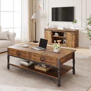 Jojoka 41" Coffee Table with 2 Storage Drawers, Rustic Coffee Tables w/Storage Shelf and Metal Legs,Wood Large Rectangular Coffee Table - 1 of 4