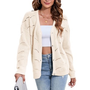 Women's Lightweight Crochet Cardigan Long Sleeve Hollow Out Kint Sweaters - 1 of 4