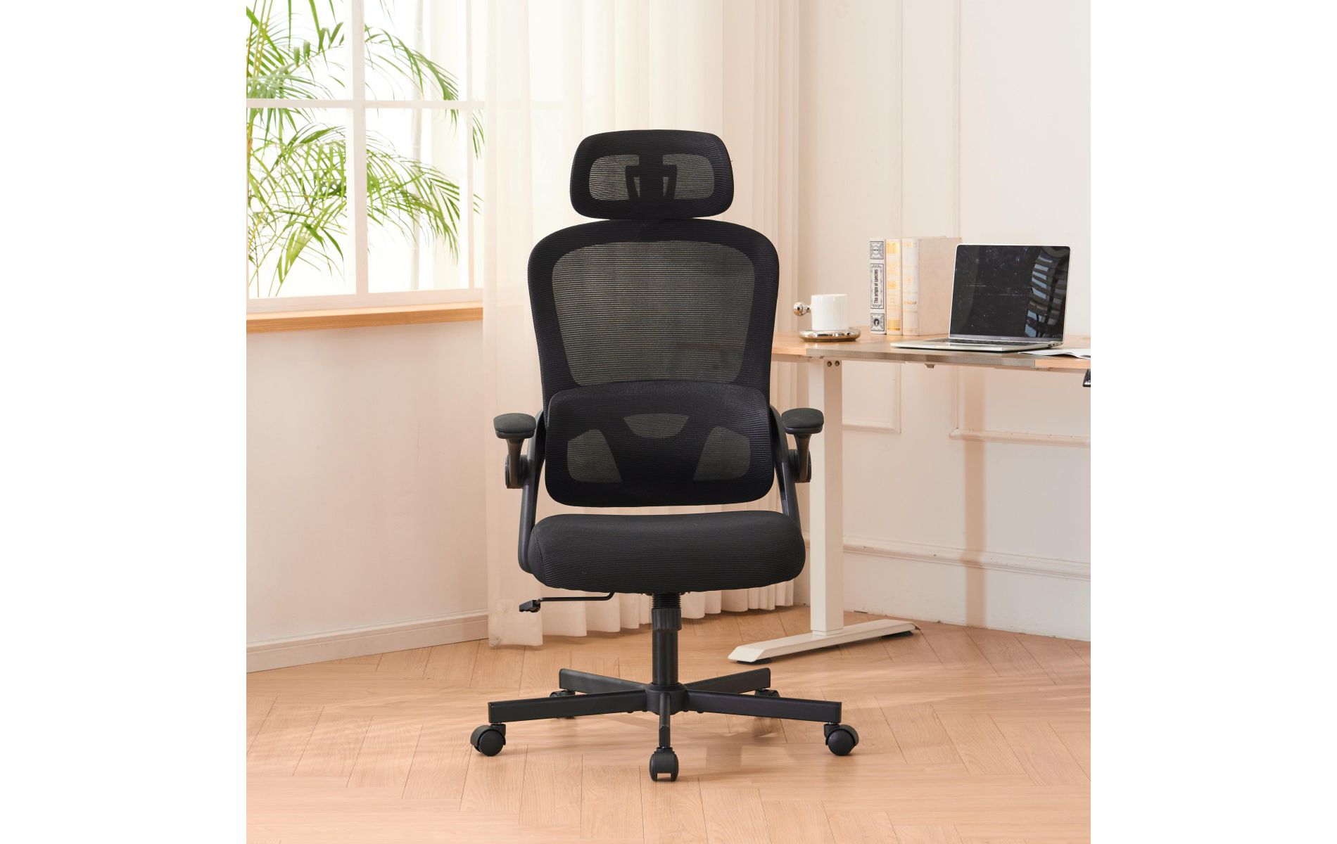 Black Good Ergonomic Mesh Office Chair With Lumbar Support,Flip-Up Arms,Swivel Desk Chair High Office Chair With Wheels-Cuddlewood