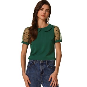 INSPIRE CHIC Women's Vintage Peter Pan Collar Puff Polka Dots Mesh Short Sleeve Blouse - 1 of 4