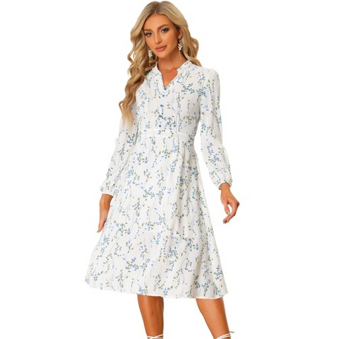 Женские платья INSPIRE CHIC Women's Floral Print Long Sleeve Back Tie Flowy Midi Boho Dress White Small