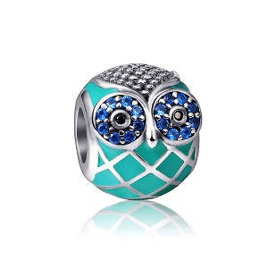 Owl Charm European Bead Blue CZ Sterling Silver Green Enamel Ginger Lyne Collection - 1 of 4