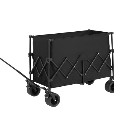 VisioGear Foldable Extended Wagon with 220lbs Weight Capacity, 300L Folding Utility Garden Cart with Drink Holders, Black, 42.91"*20.87"*32.68"