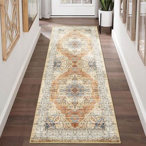 8x10 Large Washable Area Rug, Blue Non Slip Carpet, Stain Resistance Vintage Room Rug, Indoor Floor Carpet for Living Room, Low Profile Rug, Boho Rug - 1 of 4
