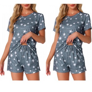 INSPIRE CHIC Women's 2Pcs Pajama Set Round Neck Short Sleeve Top and Drawstring Shorts Loungewear Set - 1 of 4