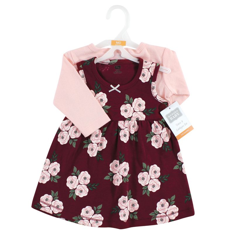 Hudson Baby Baby Girls Cotton Dress and Cardigan Set, Burgundy Floral, 2 of 6