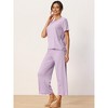 cheibear Women's Pajama Set Ruffle Round Neck Soft Knit Short Sleeve Shirt with Pants Capri Loungewear - 2 of 4