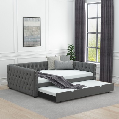 Daybed with Trundle Velvet Upholstered Tufted Sofa Bed, with Button and Copper Nail onSquare Arms