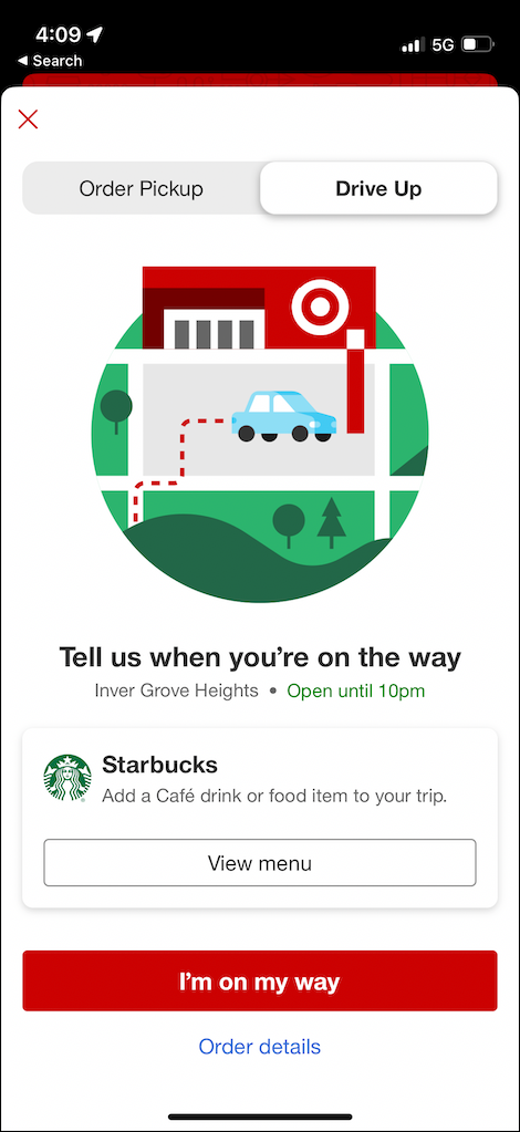 Screenshot of Target guest app showing the option to add a Starbucks beverage to the order and a "I'm on my way" red button at the bottom of the screen.