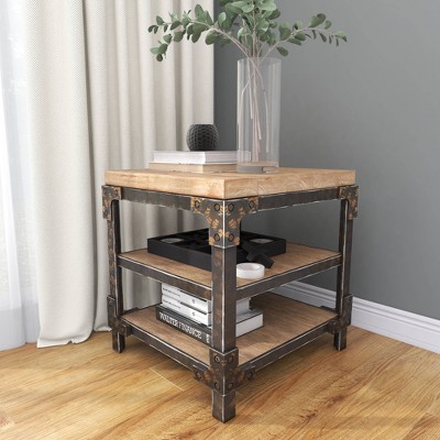 Industrial Brown Fir Wood and Metal 3-Tier Accent Table
