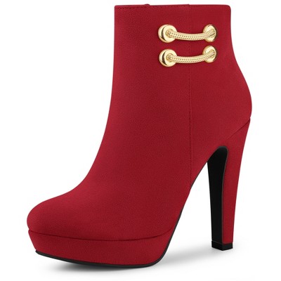 Allegra K Women's Round Toe Chunky High Heel Platform Ankle Boots Red 7.5