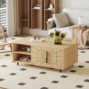 Spider Web Textured Modern MDF Coffee Table - Geometric Art and Practical Design in Natural Wood Tones, with dimensions of 43.3*23.6*17.8 inches. - 1 of 4
