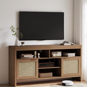 Homhougo Boho TV Stand for TV up to 65 Inch, 58"Modern Rattan Entertainment Center with Storage and Adjustable Shelves, Oak - 1 of 4