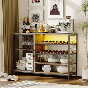 Rustic Brown Bar Cabinet with RGB & Power Outlets – Wine & Liquor Cabinet with Glass Holders, Adjustable Shelves, and Spacious Storage - 1 of 4
