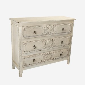 Vintage White Drawer Chest with Ornate Carved Design and Three Spacious Drawers, Rustic Storage Solution, 1pc - 1 of 4