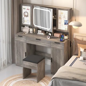 Large Vanity Table Set with LED Lighted Mirror and 2 DIY Pegboards, 5 Hooks, Vanity Desk with Charging Station, Makeup Table with Drawers - 1 of 4