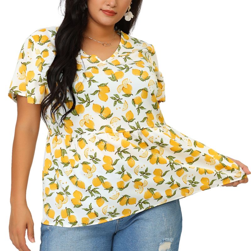 Agnes Orinda Women's Plus Size Casual V Neck Lemon Floral Summer Beach Peplum Blouses, 1 of 7