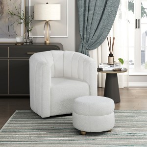 Boucle Upholstery Solid Wood Swivel Modern Accent Chair with Ottoman, Foam Padding, Attached Cushions, 360-Degree Swivel - 1 of 4