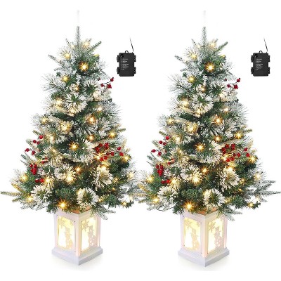 Artificial Christmas Tree Tabletop, Flocked Potted Christmas Tree with Berry Clusters, Battery Operated, for Front Door, Porch