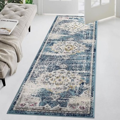 Vintage Medallion Area Rug Living Room Bedroom Rugs Floral Accent Rug Low Pile Stain Resistant Throw Carpet