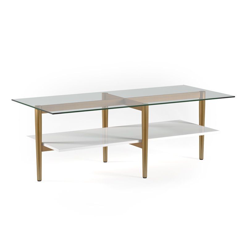 Mid-Century Brass Metal Rectangle Coffee Table and White Lacquer Shelf - Henn&Hart, 1 of 10