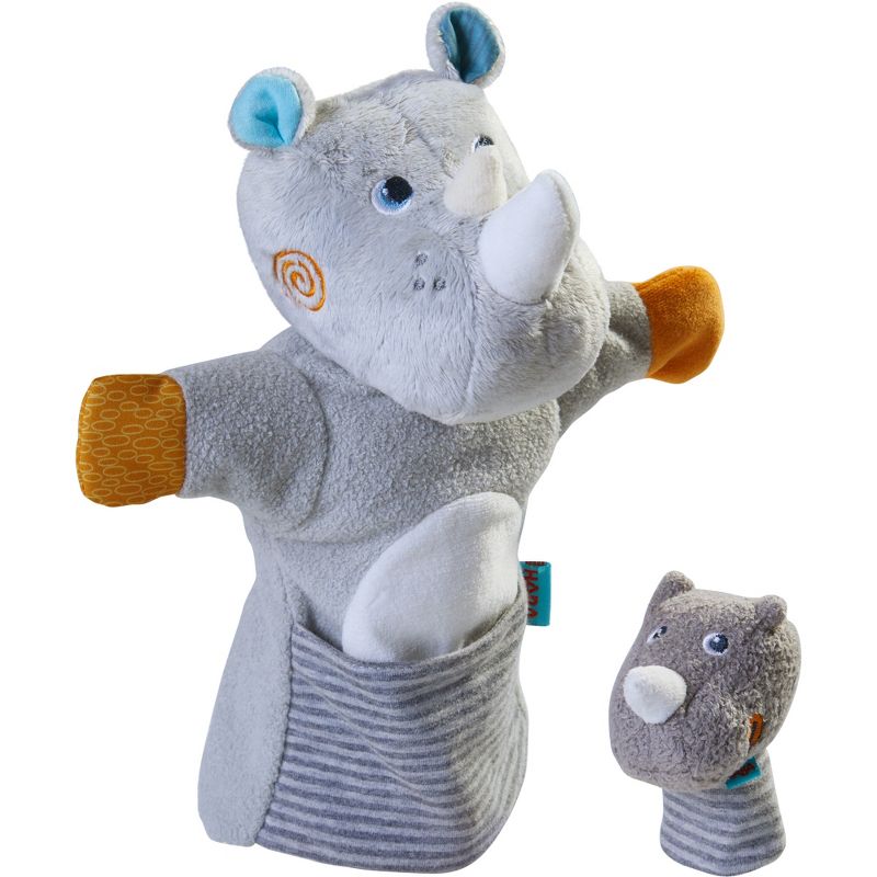 HABA Rhino With Baby Calf - Hand Puppet and Finger Puppet 2 Pc Set, 1 of 5