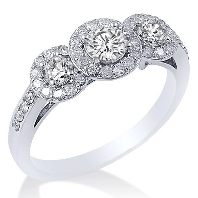 Pompeii3 1ct Three Stone Diamond Halo Engagement Ring 14K White Gold