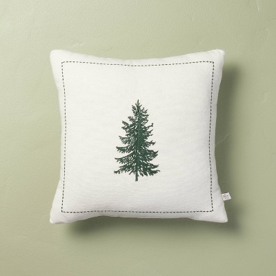 14"x14" Embroidered Winter Christmas Tree Square Throw Pillow Cream/Green - Hearth & Hand™ with Magnolia