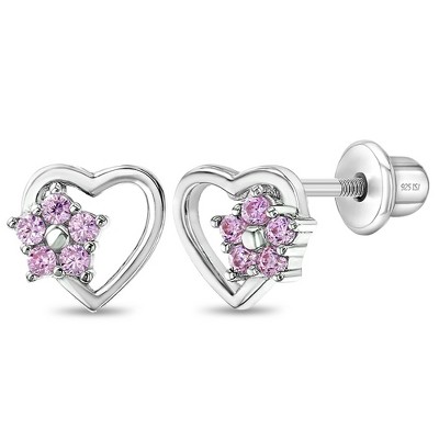 Pink & Clear CZ Flower Kids / Children's / Girls Earrings Screw Back - Sterling Silver at in Season Jewelry