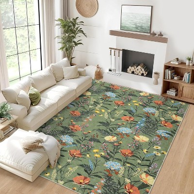 Floral Runner Rug Washable, Non-Slip Low Pile Carpet, Foldable Non-Shedding Rug for Kitchen, Hallway, Entryway, Laundry