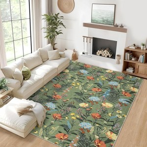 Washable 5x7 Plaid Green Rug, Modern Farmhouse Area Carpet, Soft Non-Slip Stain-Resistant Low Pile Floor Cover for Living Room, Bedroom, Office - 1 of 4