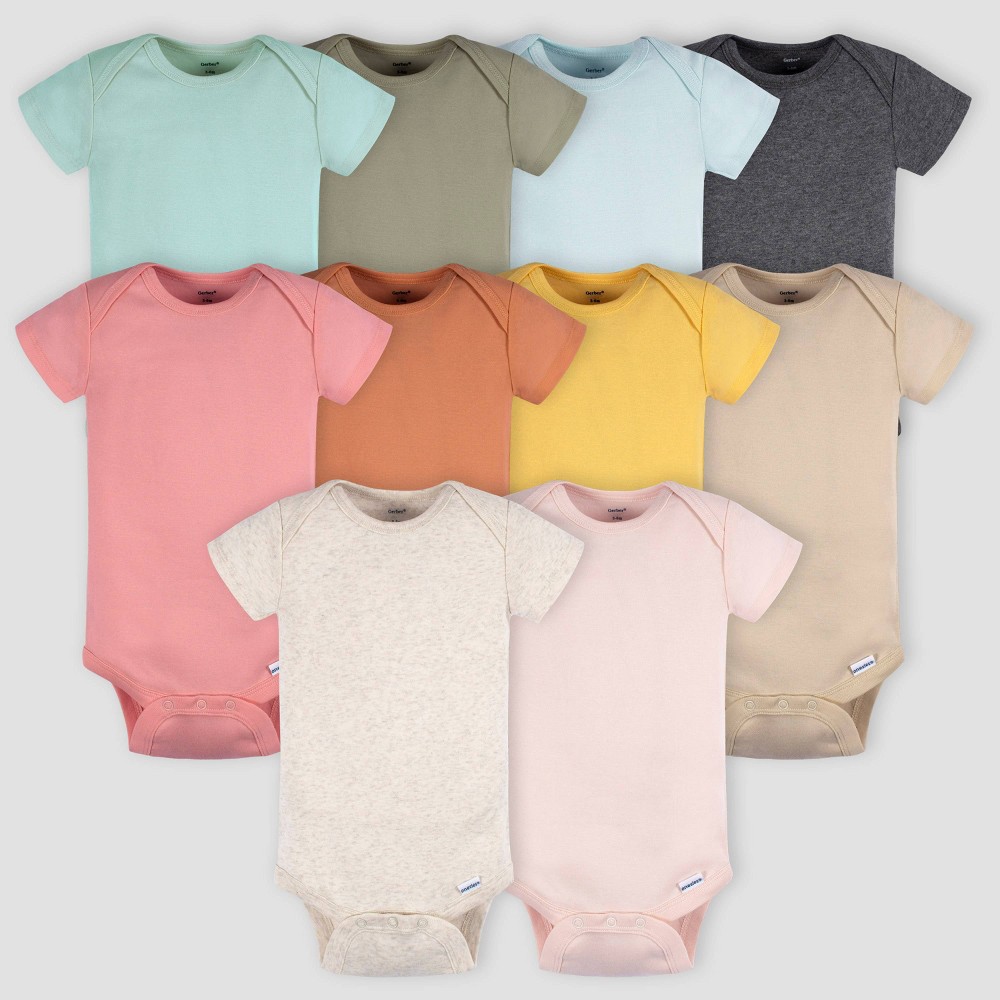 Gerber Baby 10pk Short Sleeve Onesies - Blue/Yellow/Pink 12M: Cotton Bodysuits, Adjustable Snap Closure, Machine Washable