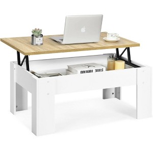 Costway Lift Top Coffee Table Pop-UP Cocktail Table w/Hidden Compartment & Shelf White\ Brown - 1 of 4