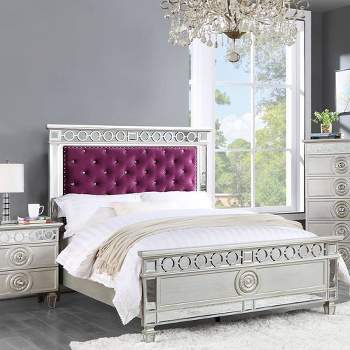 81"Twin Bed Varian Bed Burgundy Velvet, Silver Mirrored Finish - Acme Furniture