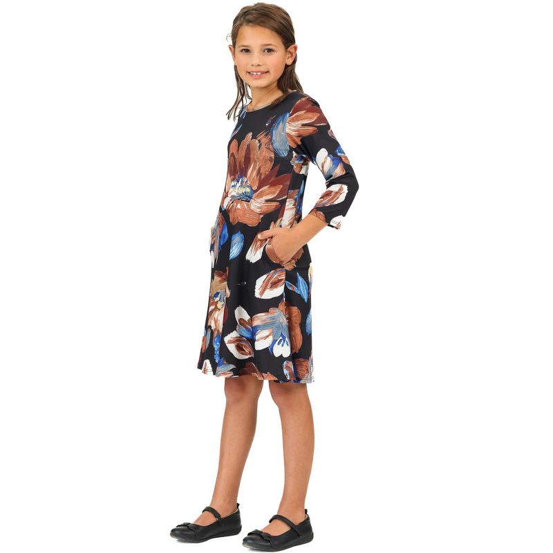 24seven Comfort Apparel Girls Long Sleeve Black Floral Knee Length Pocket Dress, 2 of 6