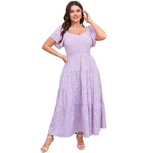 Clearlove Women's Plus Size Summer Dresses Sweetheart Neck Ruffle Short Sleeve Casual Boho Floral Pleated Long Dress. - 1 of 4
