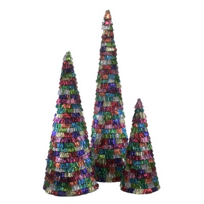 Christmas 20.0" Mardi Gras Tinsel Trees Set / 3 Decorate Fringle Multi Colors  -  Decorative Figurines