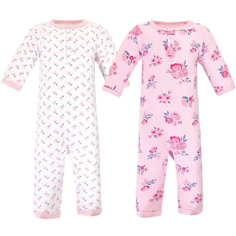 Hudson Baby Infant Girl Premium Quilted Coveralls 2pk, Pink Navy Floral, 1 of 4