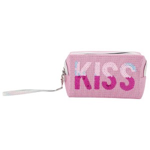 Unique Bargains Women's Portable Grid KISS Makeup Bag 1 Pc - 1 of 3