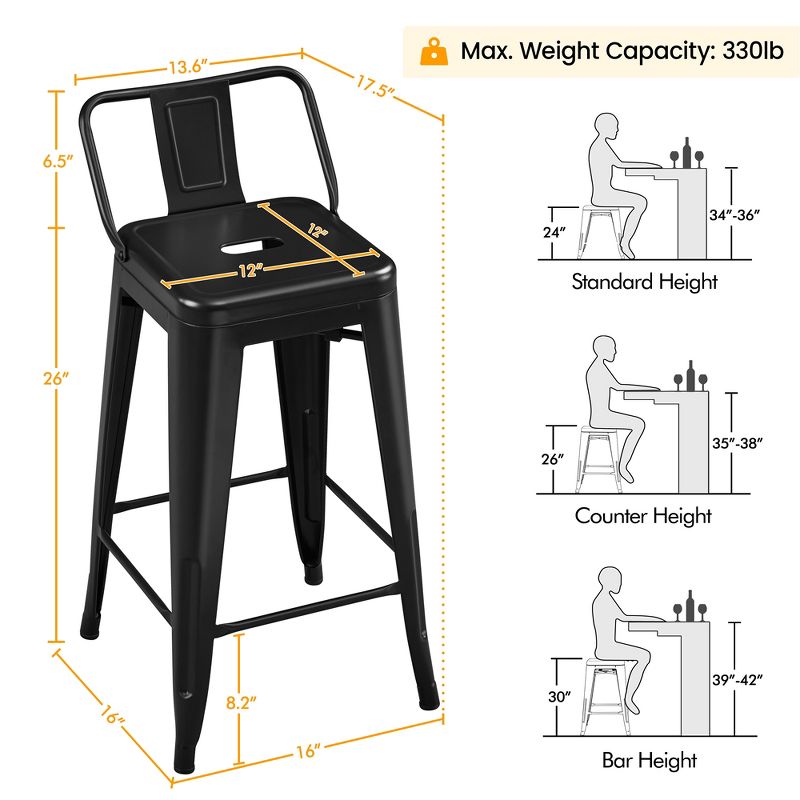 Yaheetech 26" Stackable Low Back Metal Counter Height Bar Stools with Footrest, Set of 4, 3 of 9