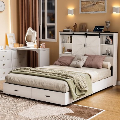 PAKASEPT Farmhouse Queen Size Bed Frame with Storage Bookcase Headboard with Sliding Barn Door, White Platform Bed w/Charging Station
