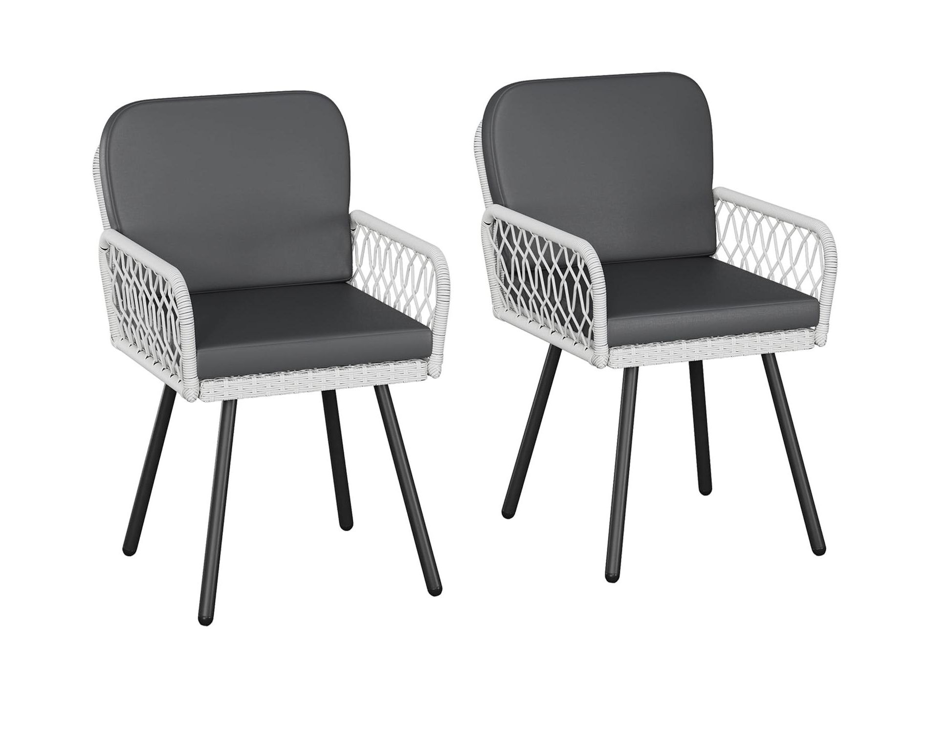 2-Piece Iron Round Rattan Dining Chairs with Cushion, Rhombus Grid Weaving, Chemical Resistant, Durable Iron Frame